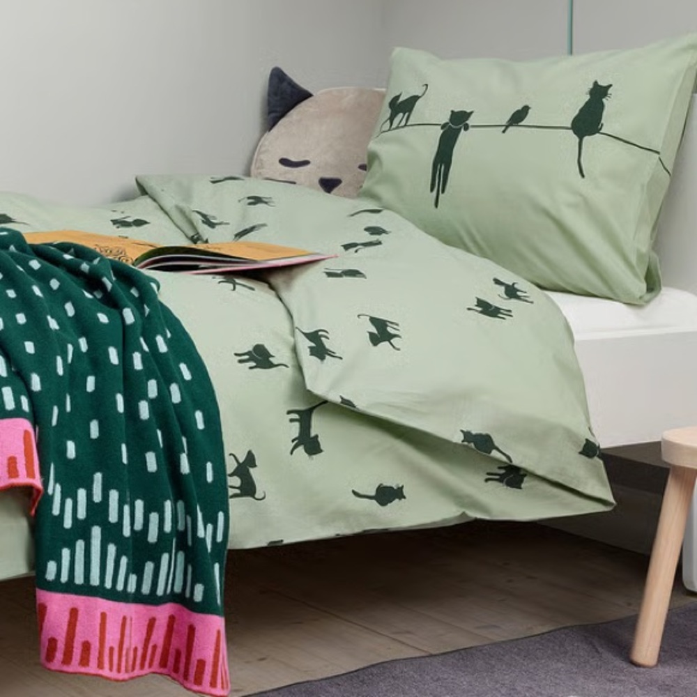 Green Cat Print Bedding Set - Duvet Cover & Pillowcase